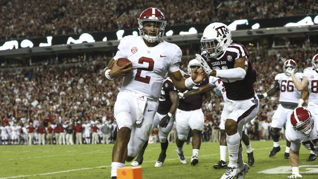 Oct 7, 2017; College Station, TX, USA; Alabama Crimson Tide quarterback Jalen Hurts (2) runs for a touchdown during the second quarter against the Texas A&M Aggies at Kyle Field. Photo Credit: Troy Taormina-USA TODAY Sports