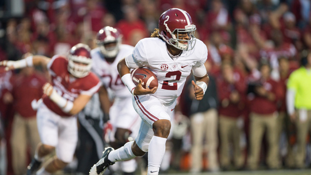 Oct 8, 2016; Fayetteville, AR, USA; Alabama Crimson Tide quarterback Jalen Hurts (2) runs the ball during the second quarter of the game against the Arkansas Razorbacks at Donald W. Reynolds Razorback Stadium. Photo Credit: Brett Rojo-USA TODAY Sports