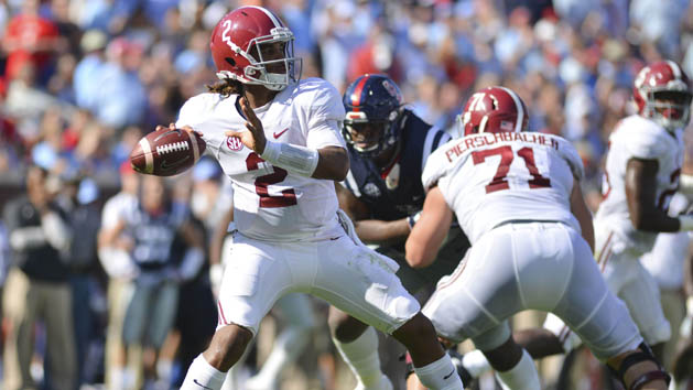 Sep 17, 2016; Oxford, MS, USA; Alabama Crimson Tide quarterback Jalen Hurts (2) throws a pass during the second quarter of the game against the Mississippi Rebels at Vaught-Hemingway Stadium. Alabama won 48-43. Photo Credit: Matt Bush-USA TODAY Sports