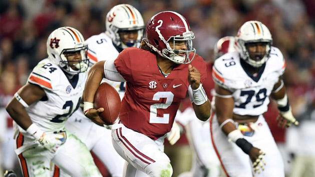 Nov 26, 2016; Tuscaloosa, AL, USA; Alabama Crimson Tide quarterback Jalen Hurts (2) scrambles up the field against the Auburn Tigers during the fourth quarter at Bryant-Denny Stadium. Alabama defeated the Auburn Tigers 30-12. Photo Credit: John David Mercer-USA TODAY Sports