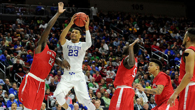 Mar 17, 2016; Des Moines, IA, USA; Kentucky Wildcats guard Jamal Murray (23) shoots the ball against Stony Brook Seawolves forward Jameel Warney (20) during the second half in the first round of the 2016 NCAA Tournament at Wells Fargo Arena. Photo Credit: Steven Branscombe-USA TODAY Sports