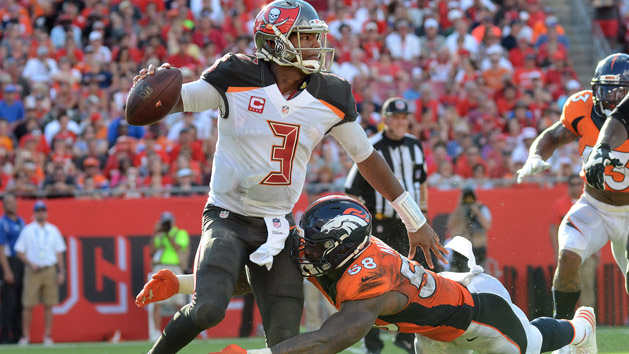 Oct 2, 2016; Tampa, FL, USA; Tampa Bay Buccaneers quarterback Jameis Winston (3) gets hit by Denver Broncos linebacker Von Miller (58) during the first half against the Denver Broncos at Raymond James Stadium. Photo Credit: Jonathan Dyer-USA TODAY Sports