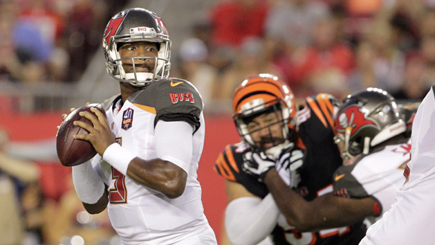 Aug 24, 2015; Tampa, FL, USA; Tampa Bay Buccaneers quarterback Jameis Winston (3) throws a complete pass during the first quarter of a preseason NFL football game against the Cincinnati Bengals at Raymond James Stadium. Mandatory Credit: Reinhold Matay-USA TODAY Sports