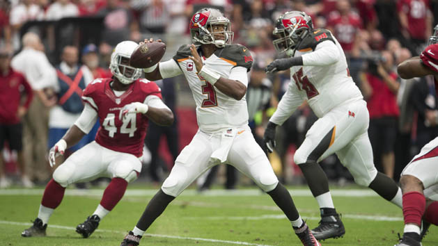 Sep 18, 2016; Glendale, AZ, USA; Tampa Bay Buccaneers quarterback Jameis Winston (3) drops back to pass against the Arizona Cardinals during the first quarter at University of Phoenix Stadium. Photo Credit: Jerome Miron-USA TODAY Sports