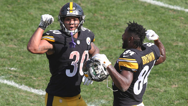 Oct 7, 2018; Pittsburgh, PA, USA; Pittsburgh Steelers running back James Conner (30) celebrates his touchdown with wide receiver Antonio Brown (84) against the Atlanta Falcons during the third quarter at Heinz Field. The Steelers won 41-17. Photo Credit: Charles LeClaire-USA TODAY Sports