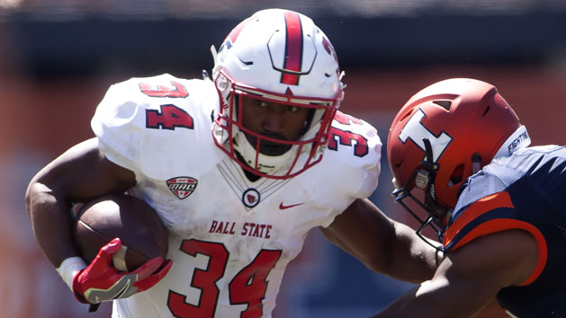 Sep 2, 2017; Champaign, IL, USA; Ball State Cardinals running back James Gilbert (34) carries the ball against the Illinois Fighting Illini during the 3rd Quarter at Memorial Stadium. Photo Credit: Mike Granse-USA TODAY Sports