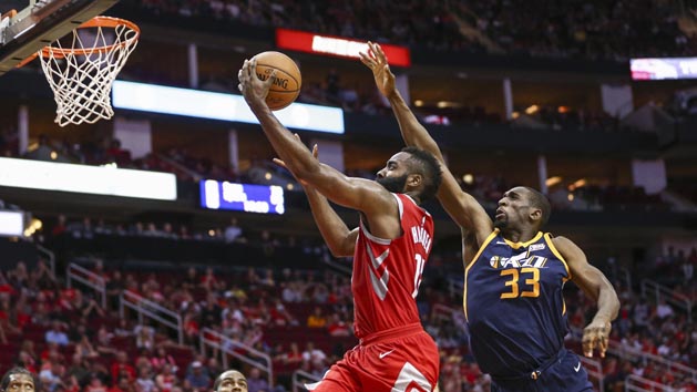 Nov 5, 2017; Houston, TX, USA; Houston Rockets guard James Harden (13) shoots the ball as Utah Jazz center Ekpe Udoh (33) defends during the third quarter at Toyota Center. Photo Credit: Troy Taormina-USA TODAY Sports