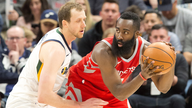 Feb 26, 2018; Salt Lake City, UT, USA; Utah Jazz forward Joe Ingles (2) defends against Houston Rockets guard James Harden (13) during the second half at Vivint Smart Home Arena. Photo Credit: Russ Isabella-USA TODAY Sports