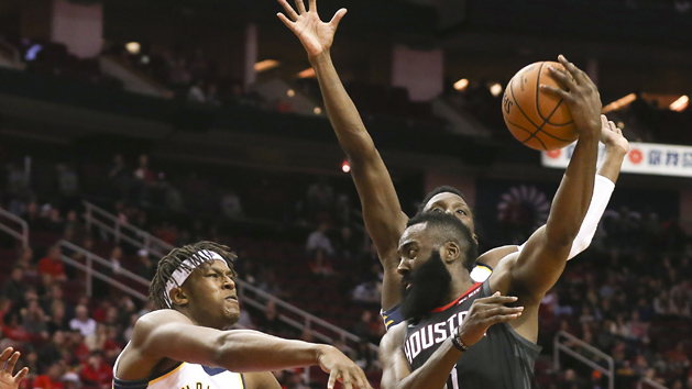 Nov 11, 2018; Houston, TX, USA;Houston Rockets guard James Harden (13) passes against Indiana Pacers center Myles Turner (33) in the first quarter at Toyota Center. Photo Credit: Thomas B. Shea-USA TODAY Sports