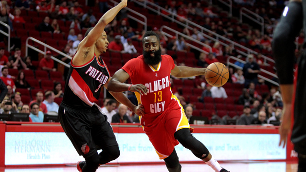 Nov 17, 2016; Houston, TX, USA; Houston Rockets guard James Harden (13) drives inside while Portland Trail Blazers guard C.J. McCollum (3) defends during the first quarter at Toyota Center. Photo Credit: Erik Williams-USA TODAY Sports