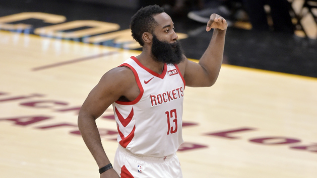 Nov 24, 2018; Cleveland, OH, USA; Houston Rockets guard James Harden (13) celebrates his three-point basket in the second quarter against the Cleveland Cavaliers at Quicken Loans Arena. Photo Credit: David Richard-USA TODAY Sports