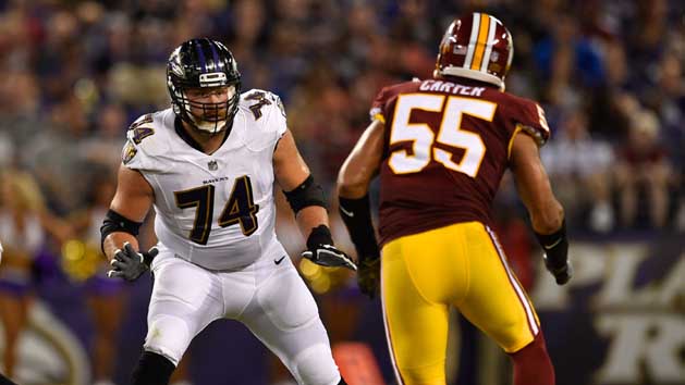 Aug 10, 2017; Baltimore, MD, USA; Baltimore Ravens tackle James Hurst (74) during the second quarter against the Washington Redskins at M&T Bank Stadium. Photo Credit: Derik Hamilton-USA TODAY Sports