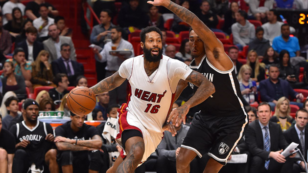 Jan 30, 2017; Miami, FL, USA; Miami Heat forward James Johnson (16) drives the ball around Brooklyn Nets forward Rondae Hollis-Jefferson (24) during the first half at American Airlines Arena. Photo Credit: Jasen Vinlove-USA TODAY Sports