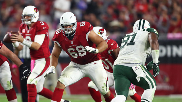 Oct 17, 2016; Glendale, AZ, USA; Arizona Cardinals offensive tackle Jared Veldheer (68) against the New York Jets at University of Phoenix Stadium. Photo Credit: Mark J. Rebilas-USA TODAY Sports