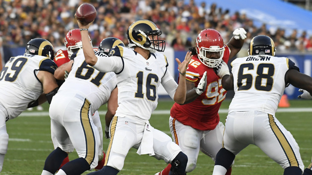 Aug 20, 2016; Los Angeles, CA, USA; Los Angeles Rams quarterback Jared Goff (16) throws the ball during the second quarter against the Kansas City Chiefs at Los Angeles Memorial Coliseum. Photo Credit: Richard Mackson-USA TODAY Sports