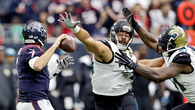 Jan 3, 2016; Houston, TX, USA; Houston Texans quarterback Brian Hoyer (7) tries to throw as Jacksonville Jaguars defensive end Jared Odrick (75) defends during the first half at NRG Stadium. Photo Credit: Kevin Jairaj-USA TODAY Sports