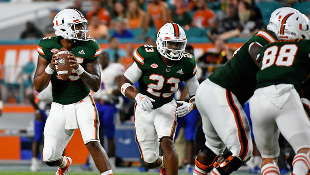 Sep 8, 2018; Miami Gardens, FL, USA; Miami Hurricanes quarterback Jarren Williams (15) attempts a pass against the Savannah State Tigers during the second half at Hard Rock Stadium. Photo Credit: Jasen Vinlove-USA TODAY Sports