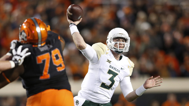 Nov 21, 2015; Stillwater, OK, USA; Baylor Bears quarterback Jarrett Stidham (3) throws a pass in the second quarter against the Oklahoma State Cowboys at Boone Pickens Stadium. Photo Credit: Tim Heitman-USA TODAY Sports