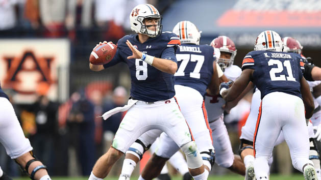 Nov 25, 2017; Auburn, AL, USA; Auburn Tigers quarterback Jarrett Stidham (8) looks to pass during the second quarter against the Alabama Crimson Tide at Jordan-Hare Stadium. Photo Credit: Christopher Hanewinckel-USA TODAY Sports