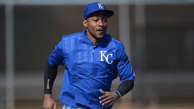 Feb 23, 2016; Surprise, AZ, USA; Kansas City Royals center fielder Jarrod Dyson (1) runs the bases during a workout at Surprise Stadium Practice Fields. Mandatory Credit: Joe Camporeale-USA TODAY Sports