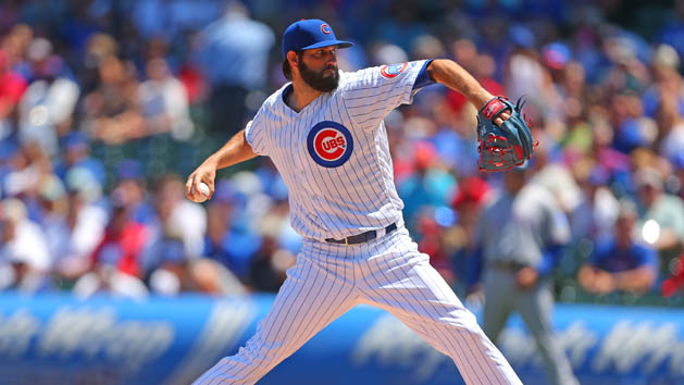 Jason Hammel (39) delivers a pitch during the first inning against the Texas Rangers at Wrigley Field. Photo Credit: Dennis Wierzbicki-USA TODAY Sports