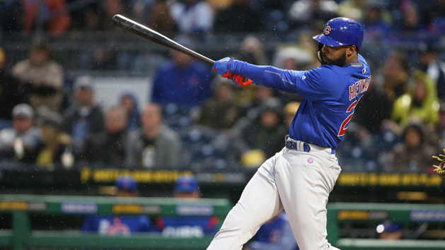 Apr 24, 2017; Pittsburgh, PA, USA; Chicago Cubs center fielder Jason Heyward (22) drives in a run against the Pittsburgh Pirates during the second inning at PNC Park. Photo Credit: Charles LeClaire-USA TODAY Sports