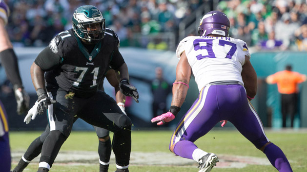 Oct 23, 2016; Philadelphia, PA, USA; Philadelphia Eagles tackle Jason Peters (71) blocks against Minnesota Vikings defensive end Everson Griffen (97) at Lincoln Financial Field. The Philadelphia Eagles won 21-10. Photo Credit: Bill Streicher-USA TODAY Sports