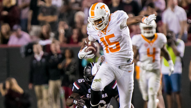 Oct 29, 2016; Columbia, SC, USA; Tennessee Volunteers wide receiver Jauan Jennings (15) steps over South Carolina Gamecocks defensive back D.J. Smith (24) in the second half at Williams-Brice Stadium. Photo Credit: Jeff Blake-USA TODAY Sports