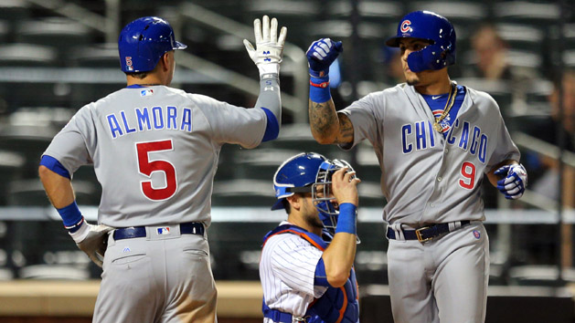 Jun 13, 2017; New York City, NY, USA; Chicago Cubs second baseman Javier Baez (9) celebrates his two run home run against the New York Mets with Chicago Cubs center fielder Albert Almora Jr. (5) during the ninth inning at Citi Field. Photo Credit: Brad Penner-USA TODAY Sports