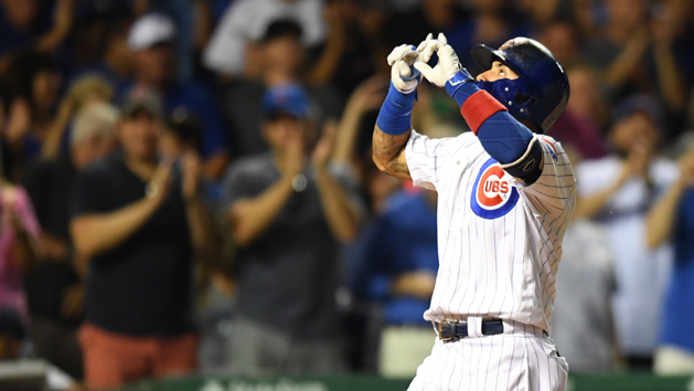 Jul 27, 2016; Chicago, IL, USA; Chicago Cubs second baseman Javier Baez (9) celebrates his two run home run against the Chicago White Sox during the seventh inning at Wrigley Field. Photo Credit: Patrick Gorski-USA TODAY Sports