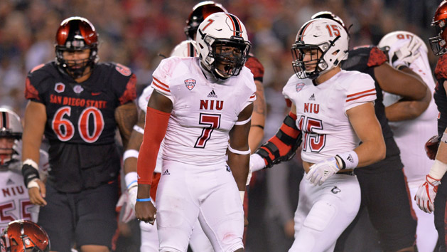 Sep 30, 2017; San Diego, CA, USA; Northern Illinois Huskies linebacker Jawuan Johnson (7) reacts during the first quarter against the San Diego State Aztecs at SDCCU Stadium. Photo Credit: Jake Roth-USA TODAY Sports