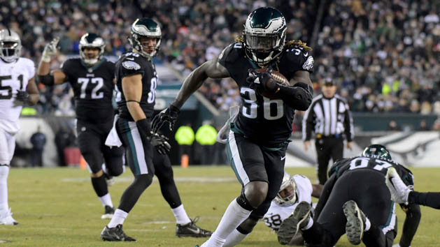 Dec 25, 2017; Philadelphia, PA, USA; Philadelphia Eagles running back Jay Ajayi (36) runs in a touchdown against the Oakland Raiders during an NFL football game at Lincoln Financial Field. Photo Credit: Kirby Lee-USA TODAY Sports
