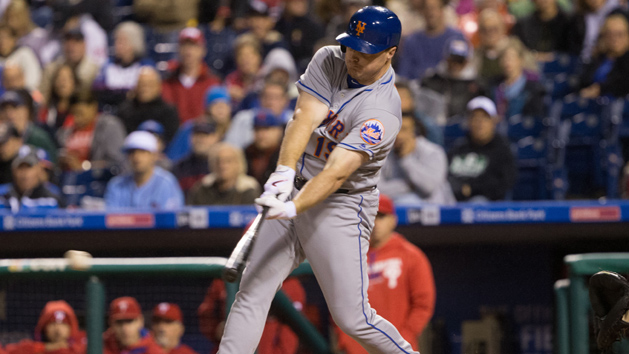 Sep 30, 2016; Philadelphia, PA, USA; New York Mets right fielder Jay Bruce (19) hits an RBI single against the Philadelphia Phillies during the fourth inning at Citizens Bank Park. Photo Credit: Bill Streicher-USA TODAY Sports