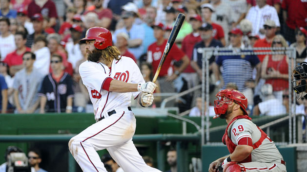 Jun 12, 2016; Washington, DC, USA; Washington Nationals left fielder Jayson Werth (28) hits a walk off two run RBI single against the Philadelphia Phillies during the ninth inning at Nationals Park. The Washington Nationals won 5-4. Photo Credit: Brad Mills-USA TODAY Sports