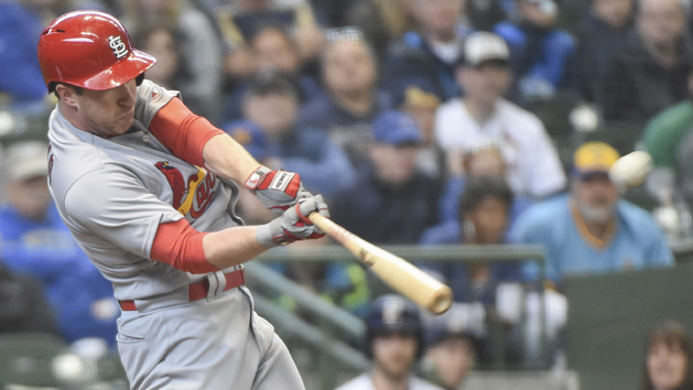 Apr 2, 2018; Milwaukee, WI, USA; St. Louis Cardinals third baseman Jedd Gyorko (3) hits a double to drive in a run in the second inning against the Milwaukee Brewers at Miller Park. Photo Credit: Benny Sieu-USA TODAY Sports