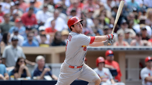 Apr 24, 2016; San Diego, CA, USA; St. Louis Cardinals second baseman Jedd Gyorko triples during the fourth inning against the San Diego Padres at Petco Park. Photo Credit: Jake Roth-USA TODAY Sports