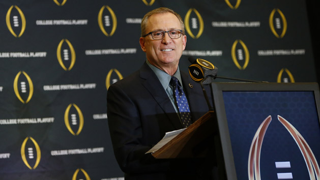Jeff Long speaks to the media during selection day at the Gaylord Texan Hotel. Photo Credit: Kevin Jairaj-USA TODAY Sports