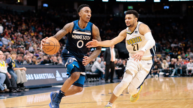 Dec 20, 2017; Denver, CO, USA; Denver Nuggets guard Jamal Murray (27) defends against Minnesota Timberwolves guard Jeff Teague (0) in the third quarter at the Pepsi Center. Photo Credit: Isaiah J. Downing-USA TODAY Sports