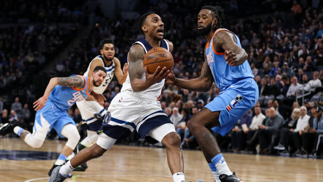 Mar 20, 2018; Minneapolis, MN, USA; Minnesota Timberwolves guard Jeff Teague (0) drives past Los Angeles Clippers center DeAndre Jordan (6) during the third quarter at Target Center. Photo Credit: Brace Hemmelgarn-USA TODAY Sports