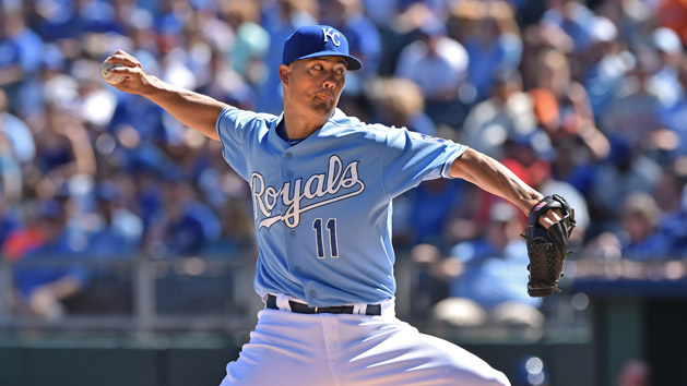 Jeremy Guthrie (11) delivers a pitch against the Detroit Tigers during the first inning at Kauffman Stadium last year. Photo Credit: Peter G. Aiken-USA TODAY Sports