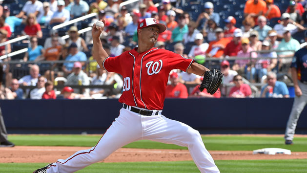 Feb 28, 2017; West Palm Beach, FL, USA; Washington Nationals starting pitcher Jeremy Guthrie (80) delivers a pitch in the game against the Houston Astros at The Ballpark of the Palm Beaches. Photo Credit: Jasen Vinlove-USA TODAY Sports