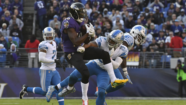 Dec 3, 2017; Baltimore, MD, USA; Detroit Lions cornerback Quandre Diggs (28) hits Baltimore Ravens wide receiver Jeremy Maclin (18) after the catch during the second quarter at M&T Bank Stadium. Photo Credit: Tommy Gilligan-USA TODAY Sports