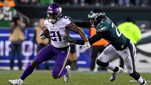 Jan 21, 2018; Philadelphia, PA, USA; Minnesota Vikings running back Jerick McKinnon (21) runs the ball against Philadelphia Eagles defensive back Corey Graham (24) during the second quarter in the NFC Championship game at Lincoln Financial Field. Photo Credit: James Lang-USA TODAY Sports