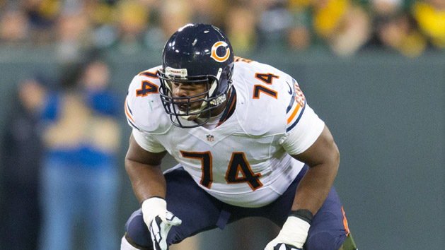 Nov 9, 2014; Green Bay, WI, USA; Chicago Bears offensive tackle Jermon Bushrod (74) during the game against the Green Bay Packers at Lambeau Field. Green Bay won 55-14. Mandatory Credit: Jeff Hanisch-USA TODAY Sports