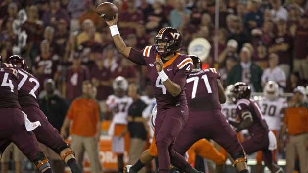 Oct 20, 2016; Blacksburg, VA, USA; Virginia Tech Hokies quarterback Jerod Evans (4) throws a pass during the first quarter against the Miami Hurricanes at Lane Stadium. Photo Credit: Peter Casey-USA TODAY Sports
