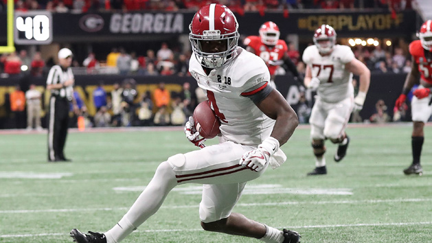 Jan 8, 2018; Atlanta, GA, USA; Alabama Crimson Tide receiver Jerry Jeudy (4) runs with the ball against the Georgia Bulldogs during the fourth quarter in the 2018 CFP national championship college football game at Mercedes-Benz Stadium. Photo Credit: Matthew Emmons-USA TODAY Sports