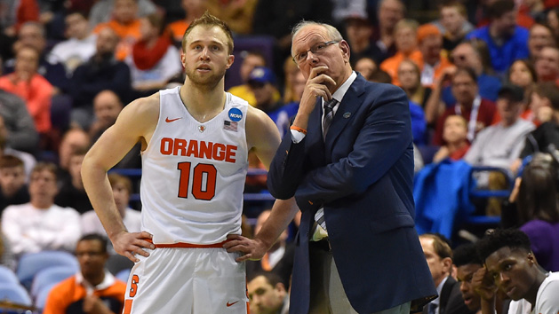 Mar 20, 2016; St. Louis, MO, USA; Syracuse Orange guard Trevor Cooney (10) and head coach Jim Boeheim look on during the first half of the second round against the Middle Tennessee Blue Raiders in the 2016 NCAA Tournament at Scottrade Center. Mandatory Credit: Jasen Vinlove-USA TODAY Sports