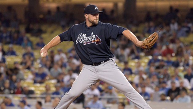 Jul 20, 2017; Los Angeles, CA, USA; Atlanta Braves pitcher Jim Johnson (53) delivers a pitch in the ninth inning against the Los Angeles Dodgers during a MLB baseball game at Dodger Stadium. The Braves defeated the Dodgers 6-3. Photo Credit: Kirby Lee-USA TODAY Sports