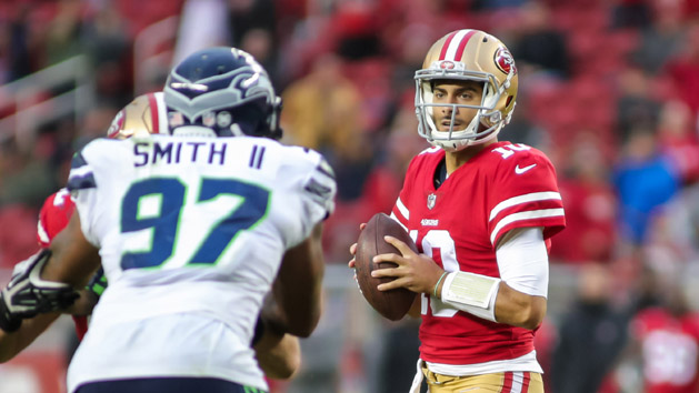Nov 26, 2017; Santa Clara, CA, USA; San Francisco 49ers quarterback Jimmy Garoppolo (10) drops back to pass during the fourth quarter against the Seattle Seahawks at Levi's Stadium. Photo Credit: Sergio Estrada-USA TODAY Sports