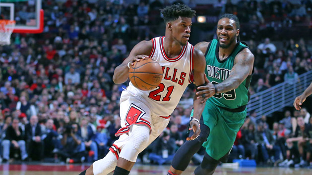 Feb 16, 2017; Chicago, IL, USA; Chicago Bulls forward Jimmy Butler (21) drives on Boston Celtics forward Jae Crowder (99) during the second half at the United Center. Chicago won 104-103. Photo Credit: Dennis Wierzbicki-USA TODAY Sports